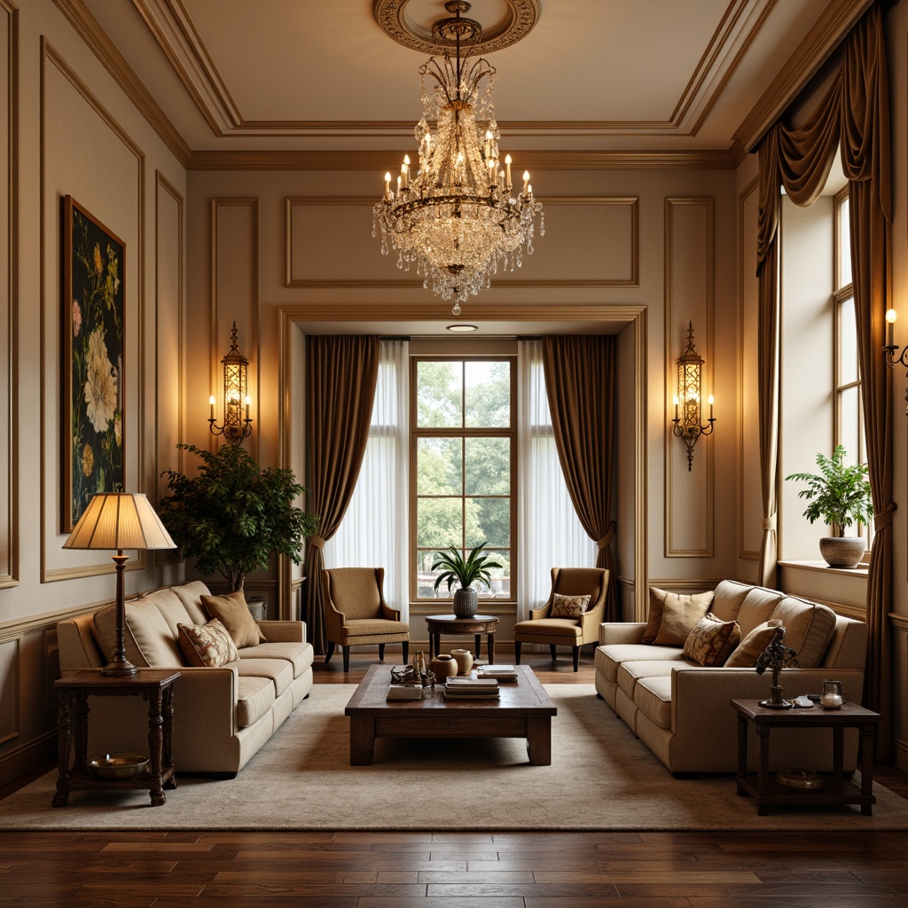 Prompt: Elegant family room, neoclassical style, crystal chandeliers, ornate metal fixtures, soft warm glow, table lamps with marble bases, floor lamps with velvet shades, pendant lights with intricate carvings, luxurious fabrics, rich wood paneling, classic furniture, comfortable seating areas, warm beige walls, high ceilings, large windows, natural daylight, subtle shadows, 1/1 composition, shallow depth of field, realistic textures.