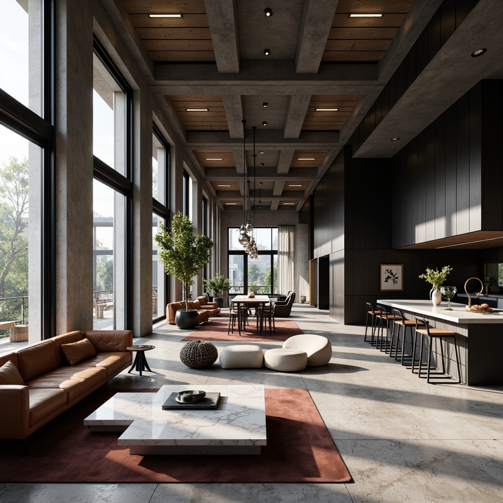 Prompt: Luxurious modern interior, sleek metal accents, matte black finishes, rich wood textures, polished marble countertops, velvety soft upholstery, industrial-chic concrete floors, minimalist decor, Scandinavian-inspired design, natural ambient lighting, 1/2 composition, shallow depth of field, realistic reflections, high-contrast rendering.