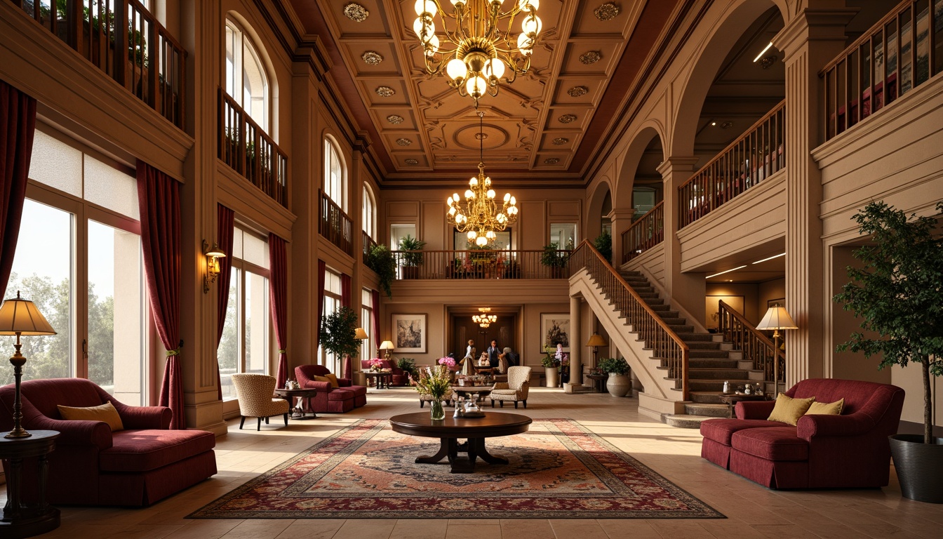 Prompt: Luxurious hotel lobby, rich wood tones, ornate furnishings, velvet armchairs, intricately carved wooden tables, crystal chandeliers, plush area rugs, elegant drapery, antique decorative pieces, warm beige walls, grand staircase, opulent ceiling designs, lavish floral arrangements, soft golden lighting, shallow depth of field, 1/1 composition, realistic textures, ambient occlusion.