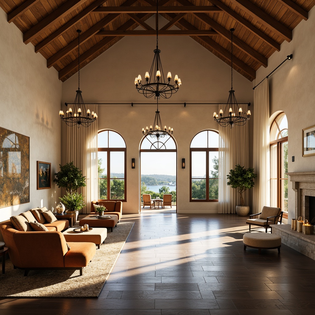 Prompt: Mediterranean great room, high ceilings, large windows, sliding glass doors, warm beige walls, dark wood flooring, elegant chandeliers, pendant lights, floor lamps, table lamps, LED strip lighting, soft warm glow, natural daylight, bright sunny day, ambient occlusion, realistic textures, 3/4 composition, shallow depth of field, panoramic view.