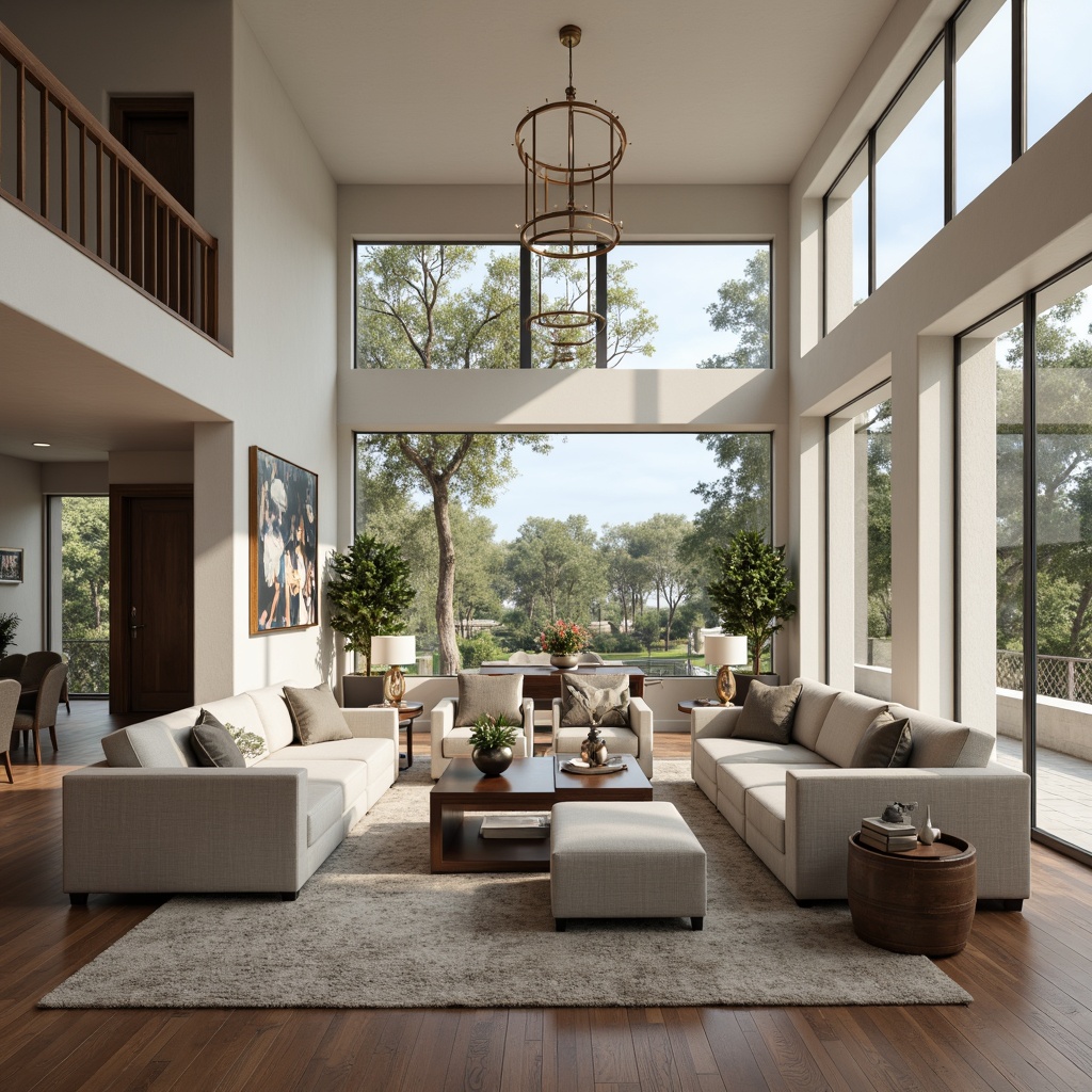 Prompt: Spacious great room, luxurious furnishings, sectional sofas, accent chairs, coffee tables, floor lamps, minimalist decor, neutral color palette, large windows, natural light, sliding glass doors, indoor-outdoor connection, polished hardwood floors, plush area rugs, statement artwork, modern chandeliers, layered lighting, symmetrical composition, 1/1 aspect ratio, softbox lighting, subtle textures, ambient occlusion.