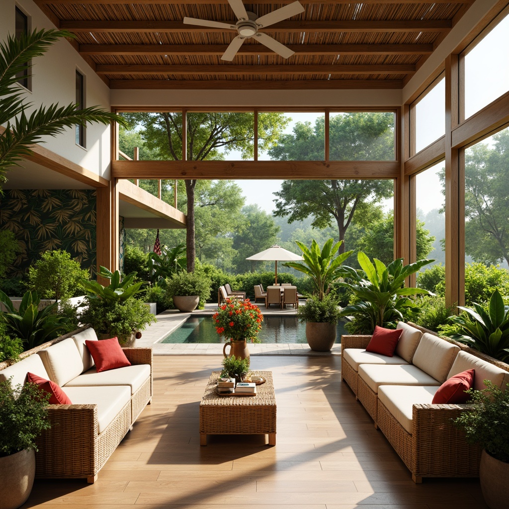 Prompt: Tropical interior, open space layout, minimalist decor, natural materials, woven rattan furniture, lush greenery, exotic flowers, bamboo accents, wooden floors, sliding glass doors, high ceilings, airy atmosphere, soft diffused lighting, warm beige tones, comfortable seating areas, cozy reading nooks, vibrant colorful textiles, intricate patterns, jungle-inspired wallpaper, elegant simplicity, harmonious balance, 1/1 composition, shallow depth of field, realistic textures.