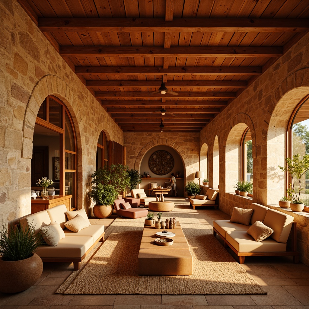 Prompt: Warm ochre hues, earthy tones, natural stone walls, rustic wooden accents, cozy interior spaces, soft warm lighting, shallow depth of field, 3/4 composition, inviting atmosphere, comfortable seating areas, woven textiles, nature-inspired patterns, organic shapes, subtle color gradations, serene ambiance, relaxed mood.