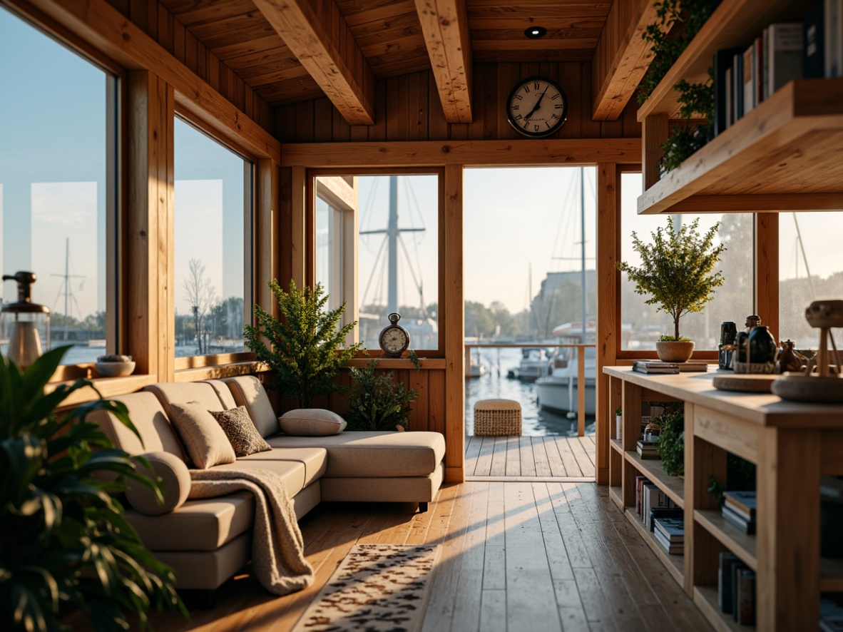 Prompt: Waterfront boathouse, natural wood accents, warm beige tones, soft blue hues, calming greenery, nautical ropes, vintage navigation instruments, distressed wooden floors, plush throw blankets, cozy reading nooks, warm golden lighting, shallow depth of field, 1/2 composition, intimate atmosphere, realistic textures, ambient occlusion.