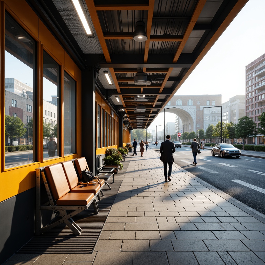 Prompt: Geometric bus station, functionalist architecture, steel framework, minimalist design, industrial materials, bold color accents, tubular steel chairs, leather straps, adjustable armrests, geometric patterned floor tiles, rectangular windows, cantilevered roofs, urban cityscape, busy streets, morning commute, soft natural lighting, high contrast shadows, 1/2 composition, realistic textures, ambient occlusion.