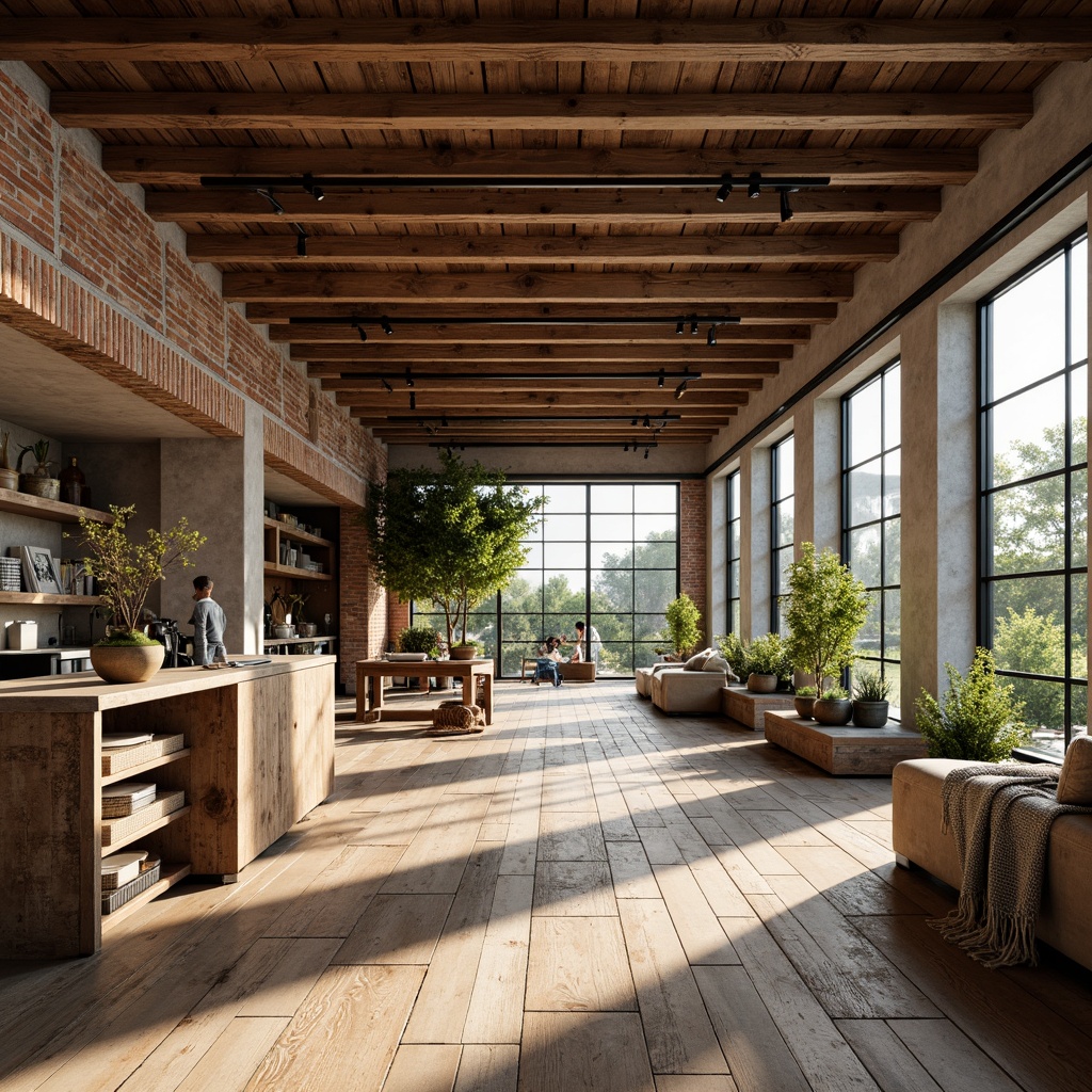 Prompt: Rustic wooden accents, reclaimed timber floors, exposed brick walls, industrial metal beams, natural stone countertops, earthy color palette, cozy textiles, woven baskets, potted greenery, minimalist decor, airy open spaces, large windows, sliding glass doors, warm ambient lighting, soft shadows, 1/1 composition, realistic textures, subtle reflections.