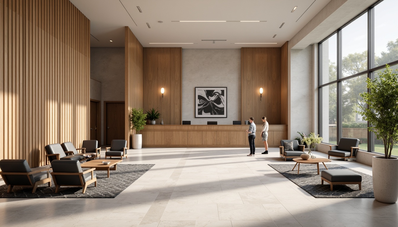 Prompt: Modern courthouse interior, sleek minimalism, neutral color palette, polished marble floors, wooden accents, ergonomic chairs, stainless steel tables, geometric patterned rugs, contemporary lighting fixtures, abstract artwork, spacious open layout, natural stone walls, subtle texture contrasts, warm ambient lighting, shallow depth of field, 1/1 composition, realistic materials, soft focus blur.