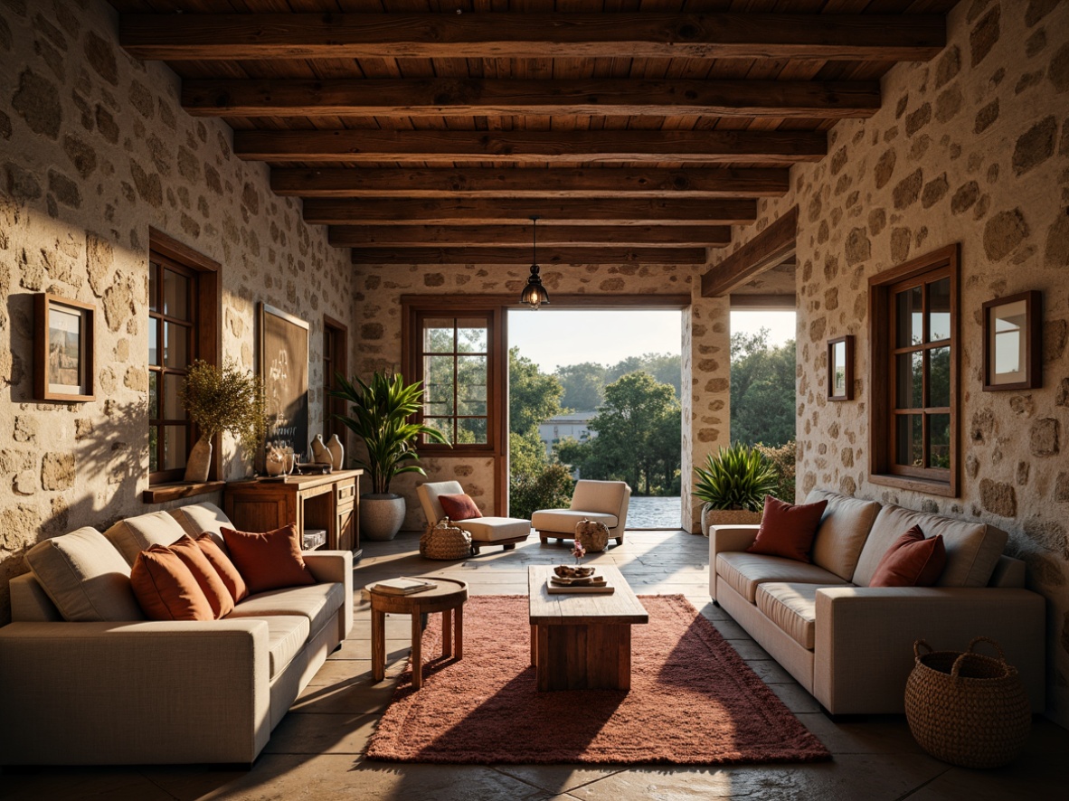 Prompt: Rustic villa farmhouse interior, exposed wooden beams, natural stone walls, earthy color palette, vintage furniture, distressed wood accents, cozy candlelight, warm textiles, plush area rugs, countryside views, lush greenery, soft diffused lighting, shallow depth of field, 1/1 composition, realistic textures, ambient occlusion.