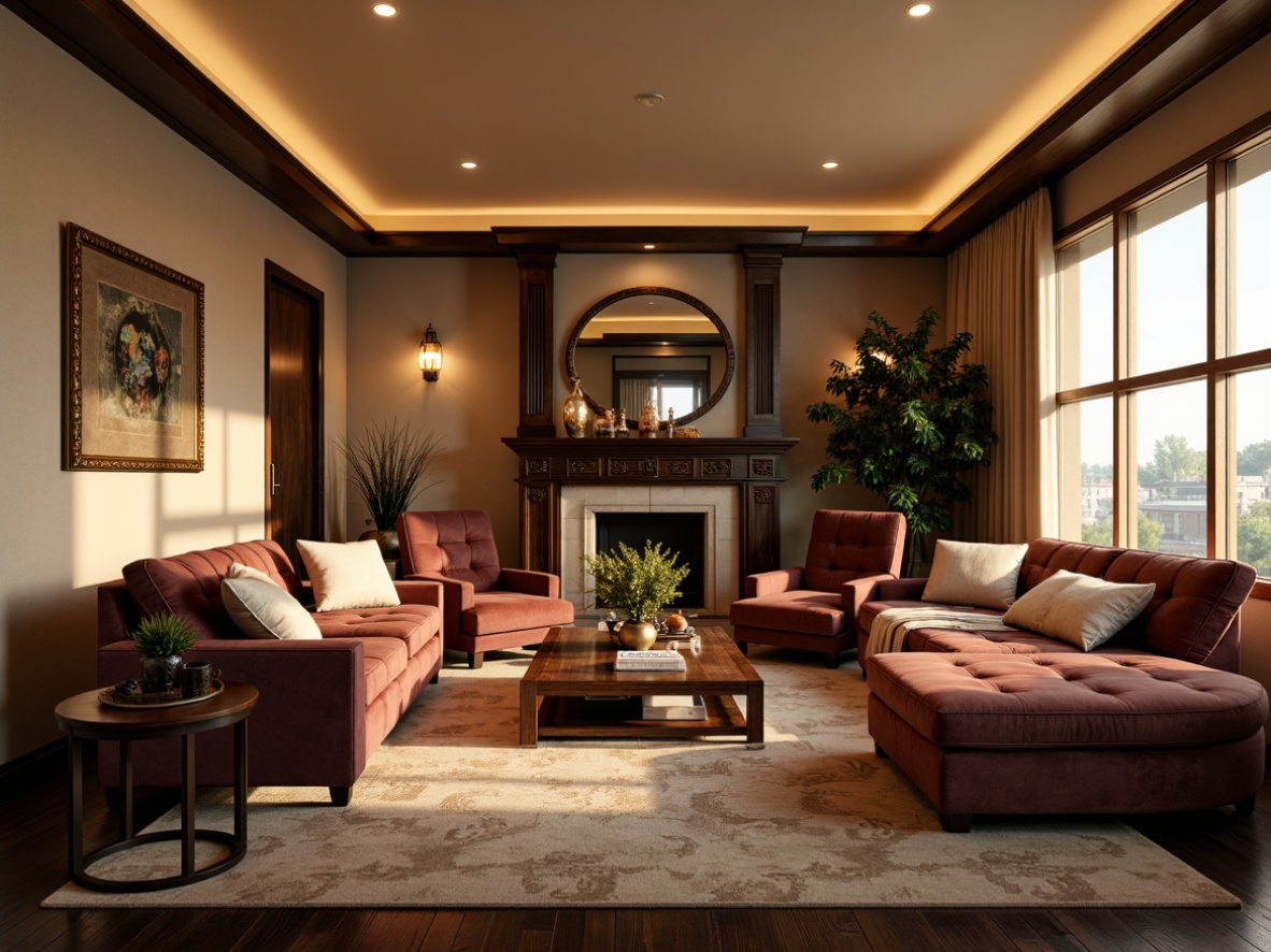 Prompt: Luxurious living room, plush velvet sofas, oversized armchairs, tufted ottomans, rich wood accents, ornate metal frames, soft golden lighting, warm beige walls, dark hardwood floors, elegant coffee tables, decorative vases, potted greenery, cozy throw blankets, comfortable pillows, tranquil atmosphere, shallow depth of field, 1/1 composition, realistic textures, ambient occlusion.