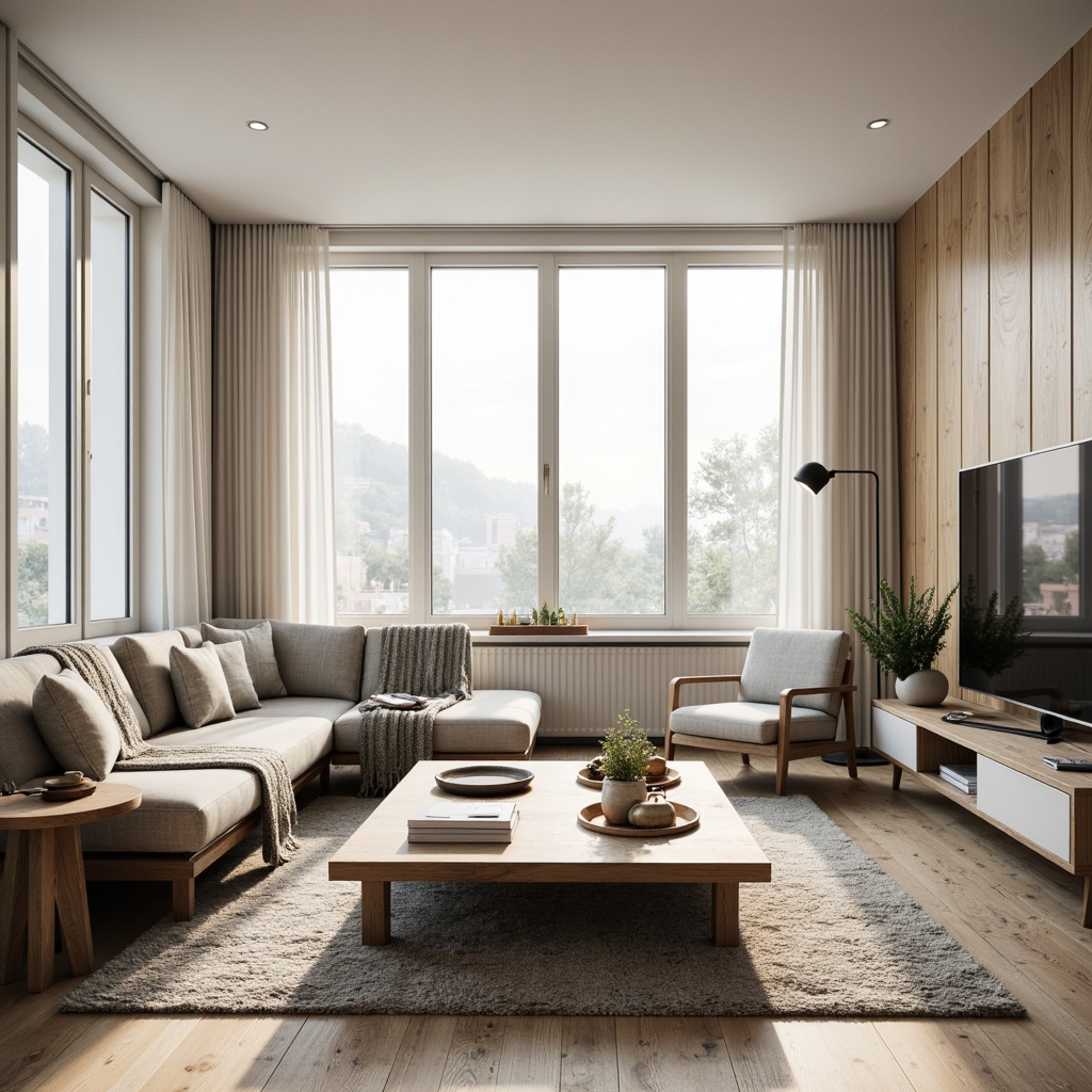 Prompt: Light-filled Scandinavian living room, minimalist furnishings, sleek wooden coffee table, low-profile sofa, monochromatic color scheme, textured throw blankets, industrial-chic metal lamps, rustic wood accents, floor-to-ceiling windows, natural daylight, soft warm lighting, shallow depth of field, 1/2 composition, realistic textures, ambient occlusion.