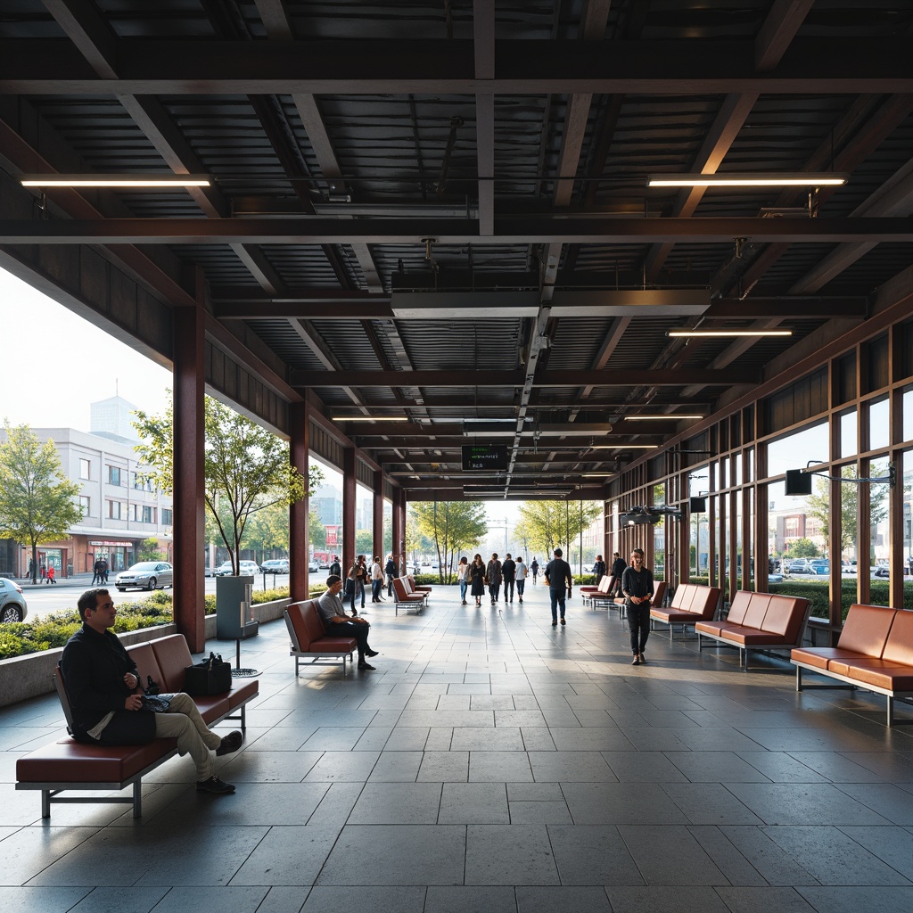 Prompt: Functional bus station, minimalist architecture, clean lines, industrial materials, steel beams, concrete floors, geometric shapes, primary color accents, tubular metal furniture, leather upholstery, adjustable lamps, modular seating, sleek ticketing counters, stainless steel handrails, functional signage, urban cityscape, busy traffic, morning rush hour, soft natural lighting, shallow depth of field, 1/1 composition, realistic textures, ambient occlusion.