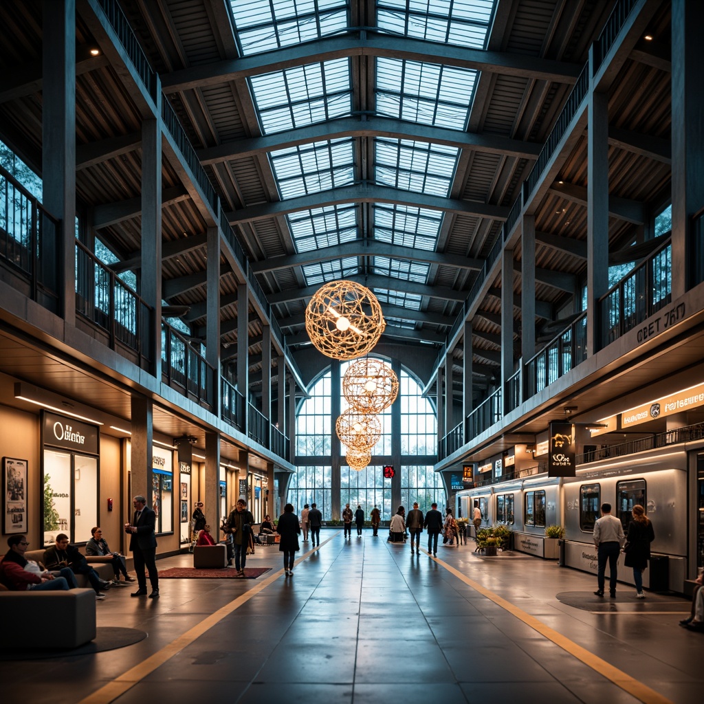 Prompt: Elegant train station, high ceilings, industrial chic architecture, modern urban atmosphere, sleek metal beams, polished concrete floors, futuristic lighting fixtures, suspended LED installations, geometric-shaped lamps, metallic finishes, warm ambient glow, soft diffused light, dramatic downlighting, shallow depth of field, 1/1 composition, realistic textures, ambient occlusion.