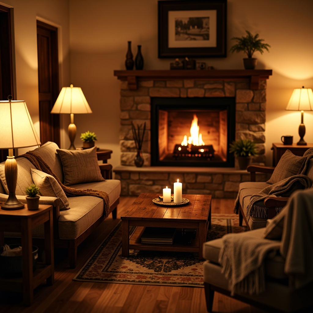 Prompt: Warm living room, soft glowing lamps, rustic wooden furniture, plush throw blankets, crackling fireplace, golden hour lighting, warm beige walls, comfortable seating areas, dimmable floor lamps, table lamps with linen shades, LED candles, ambient glow, shallow depth of field, 1/2 composition, realistic textures, cozy atmosphere.