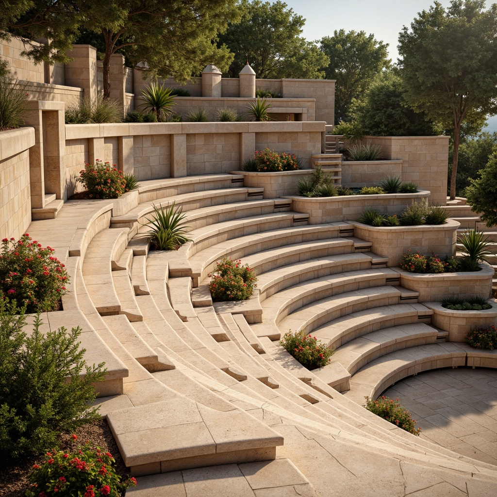 Prompt: Undulating amphitheater seating, sweeping curved lines, grandstand architecture, ornate railings, polished granite flooring, lush greenery surroundings, vibrant flower arrangements, natural stone walls, warm beige color scheme, soft golden lighting, shallow depth of field, 1/1 composition, panoramic view, realistic textures, ambient occlusion.