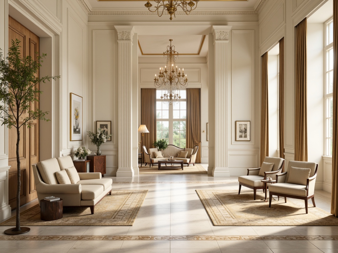 Prompt: Elegant neoclassical interior, polished marble floors, intricate inlaid patterns, luxurious cream-colored carpets, richly textured area rugs, ornate metalwork, subtle sheen finishes, creamy white walls, tall ceilings, grand chandeliers, sophisticated furniture silhouettes, neutral beige tones, warm golden lighting, soft focus photography, shallow depth of field, 2/3 composition, ornamental moldings, classic motifs.