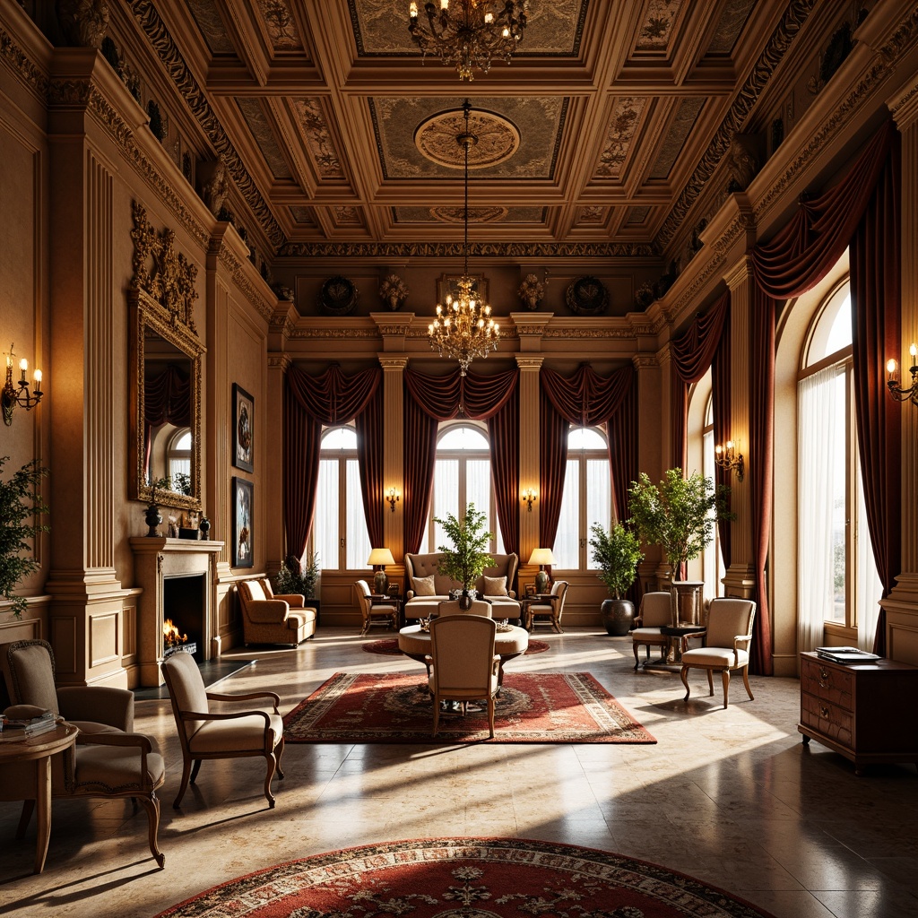 Prompt: Luxurious interior design, ornate moldings, intricately carved details, gilded accents, lavish furnishings, opulent fabrics, grandiose chandeliers, stately columns, arched windows, marble floors, velvet drapes, rich wood paneling, classic architectural styles, Renaissance-inspired motifs, warm golden lighting, dramatic shadows, 1/2 composition, symmetrical balance, realistic textures, ambient occlusion.