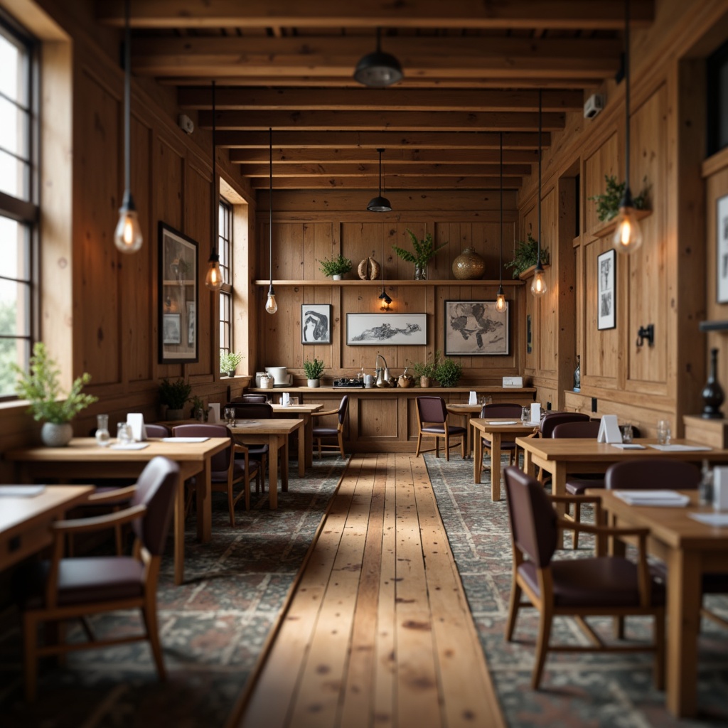 Prompt: Rustic wooden accents, exposed beam ceilings, reclaimed wood flooring, earthy color palette, natural textures, wooden desks, leather chairs, vintage metal fixtures, industrial pendant lights, wooden wall panels, traditional craftsmanship, ornate woodworking details, rich wood tones, cozy atmosphere, warm ambient lighting, shallow depth of field, 1/2 composition, realistic wood grain textures, soft focus blur.