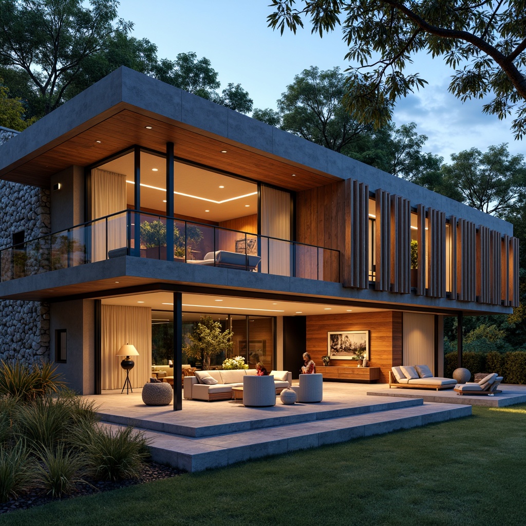 Prompt: Luxurious villa, rustic wooden accents, natural stone walls, sleek metal roofing, large glass windows, minimalist interior design, polished concrete floors, rich wood paneling, ambient lighting, warm color palette, cozy atmosphere, modern furniture pieces, plush textiles, subtle patterns, soft focus, shallow depth of field, 1/1 composition.