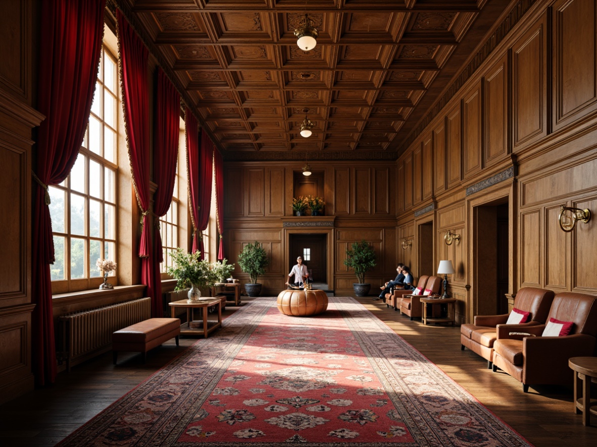 Prompt: Elegant university hall, rich wood paneling, ornate stone carvings, plush carpeted floors, luxurious velvet drapes, intricately patterned rugs, distressed leather furniture, vintage-inspired metal fixtures, warm golden lighting, soft focus photography, 1/2 composition, atmospheric rendering, realistic material textures.