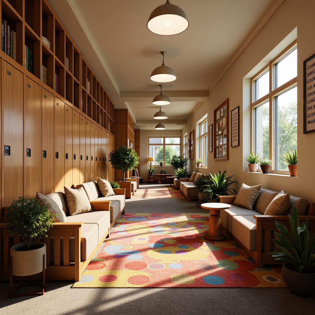 Prompt: Warm school hallway, wooden lockers, soft carpet flooring, natural light pouring, large windows, greenery-filled planters, comfortable reading nooks, plush couches, vibrant colorful rugs, educational posters, inspirational quotes, rustic wooden tables, earthy tone walls, warm beige colors, cozy corner seating, soft overhead lighting, shallow depth of field, 3/4 composition, realistic textures, ambient occlusion.