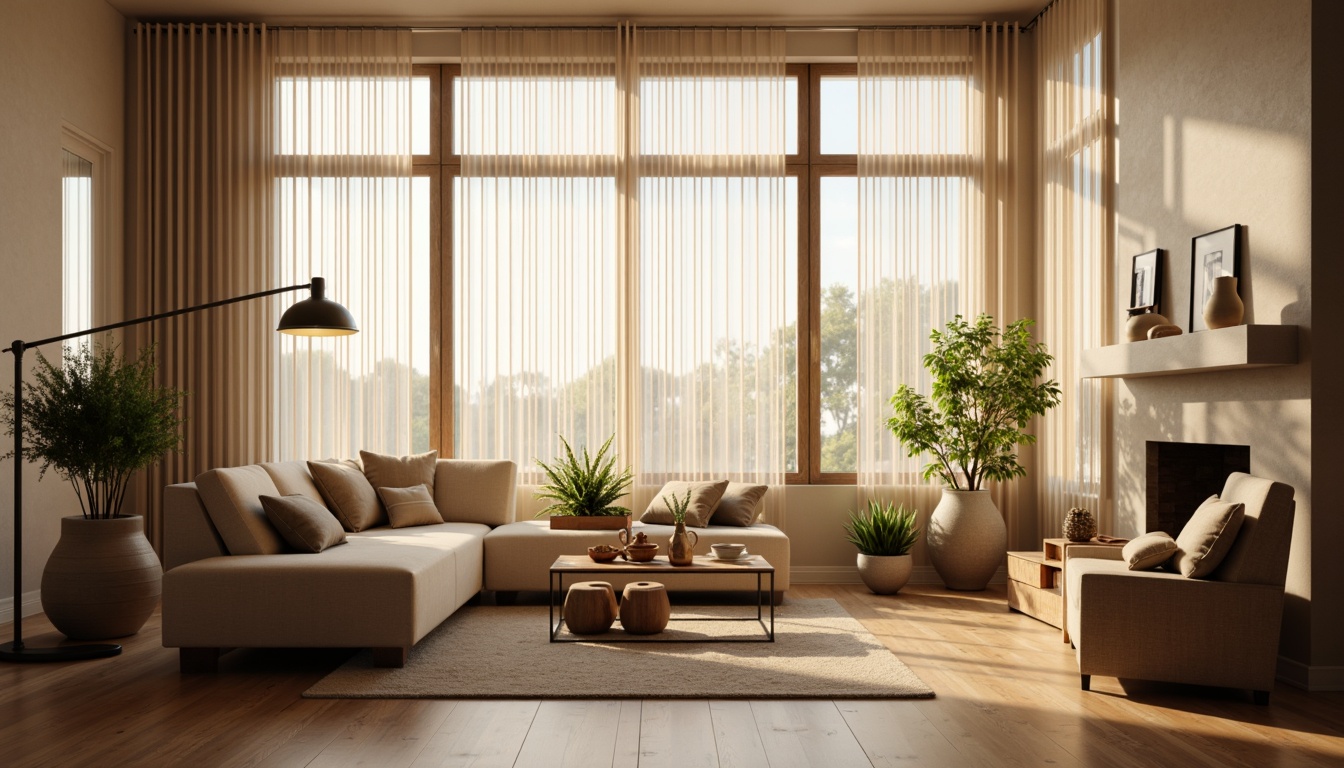 Prompt: Cozy living room, large windows, soft warm natural light, minimal window treatments, sheer curtains, beige walls, wooden flooring, comfortable sofas, plush throw pillows, greenery, potted plants, modern minimalist decor, simple color palette, ambient lighting, table lamps, floor lamps, subtle shadows, 1/1 composition, shallow depth of field, realistic textures.