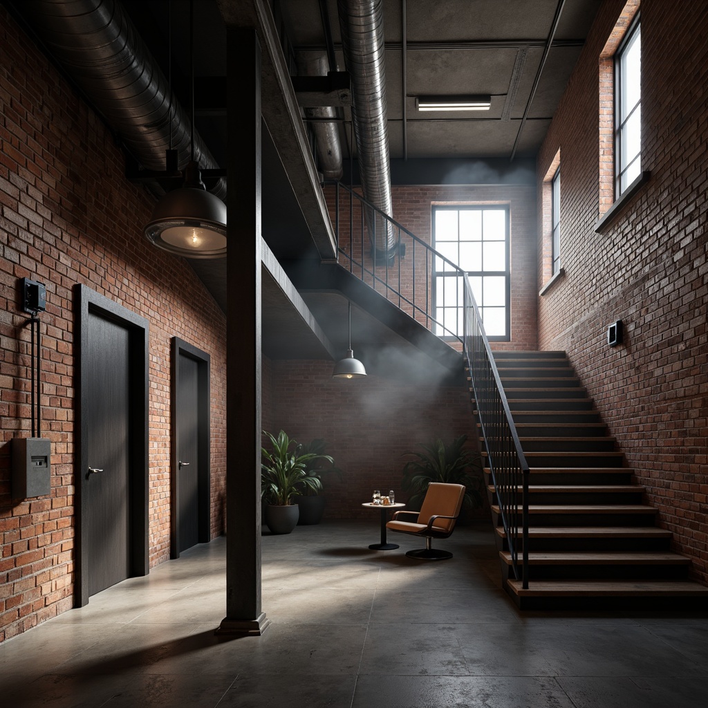 Prompt: Exposed brick walls, industrial pipes, metal railings, reclaimed wood treads, distressed steel beams, minimalist handrails, urban loft atmosphere, high ceilings, concrete floors, modern pendant lighting, moody color palette, dramatic shadows, cinematic composition, 1-point perspective, low-angle shot, atmospheric fog, realistic textures, ambient occlusion.