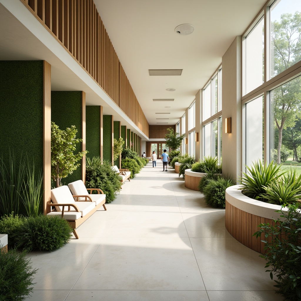 Prompt: Serene hospital corridors, soothing natural light, calming water features, lush green walls, vibrant flower arrangements, comfortable seating areas, warm wood accents, gentle curves, minimal ornamentation, soft pastel colors, gentle diffused lighting, shallow depth of field, 1/1 composition, realistic textures, ambient occlusion, peaceful ambiance.