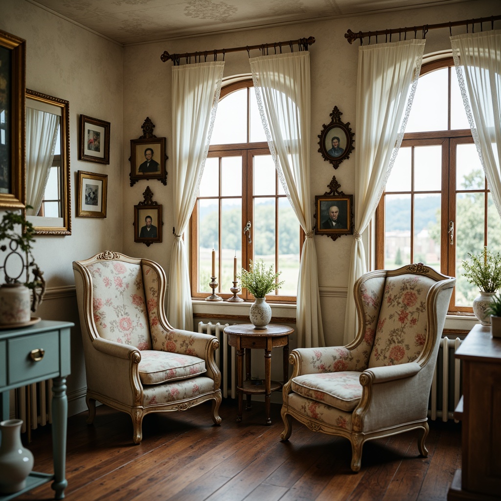 Prompt: Distressed wooden furniture, soft pastel colors, vintage floral patterns, lace curtains, antique decorative items, ornate metal frames, rustic wooden floors, worn velvet upholstery, distressed leather armchairs, feminine accents, delicate porcelain vases, candlelit ambiance, warm cozy lighting, soft focus, shallow depth of field, 1/1 composition, natural textures, subtle color palette.