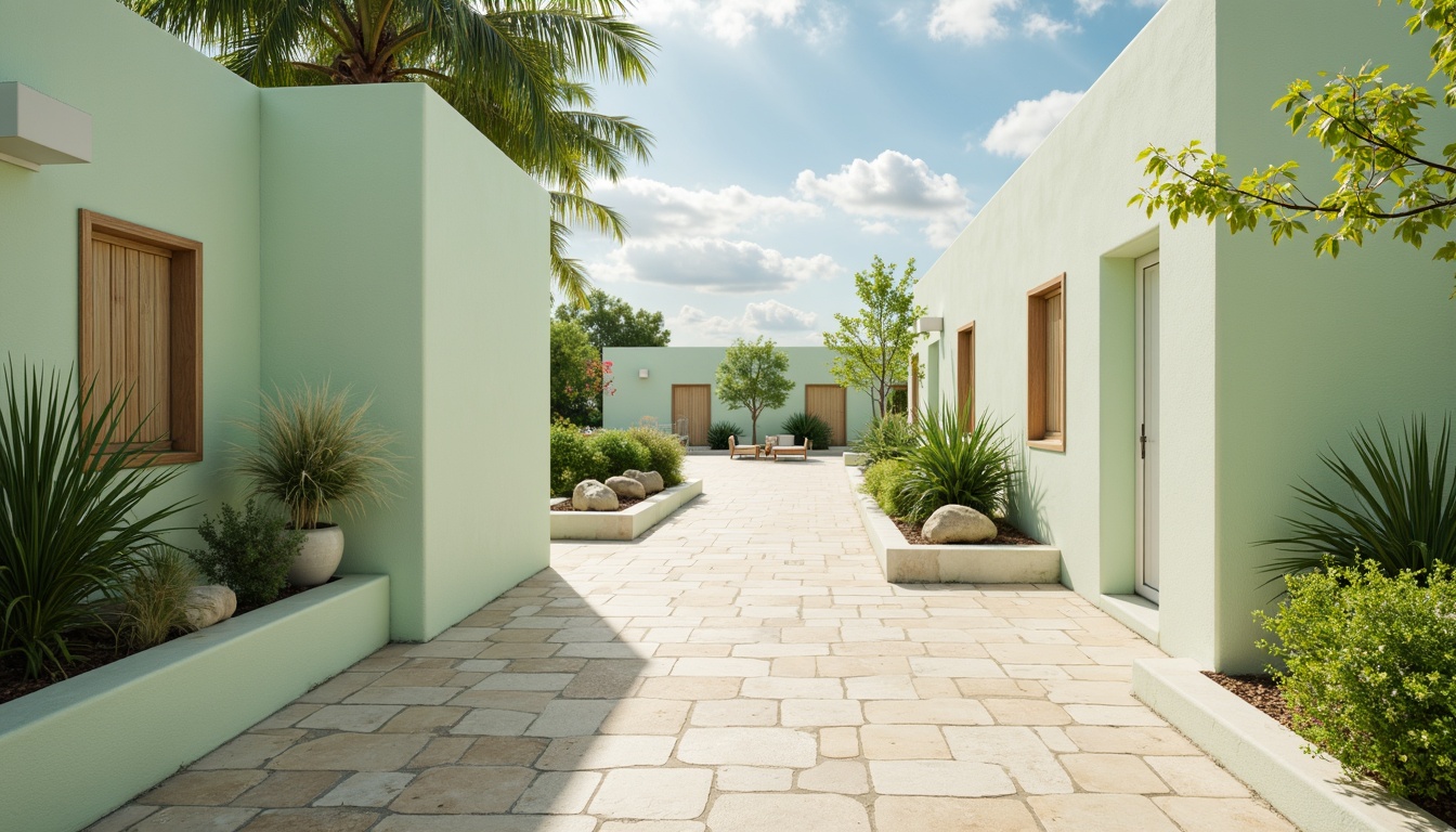 Prompt: Soft mint walls, calming ambiance, natural stone flooring, lush greenery, wooden accents, creamy whites, pastel colors, refreshing atmosphere, serene surroundings, gentle breeze, warm sunlight, shallow depth of field, 1/2 composition, realistic textures, ambient occlusion.