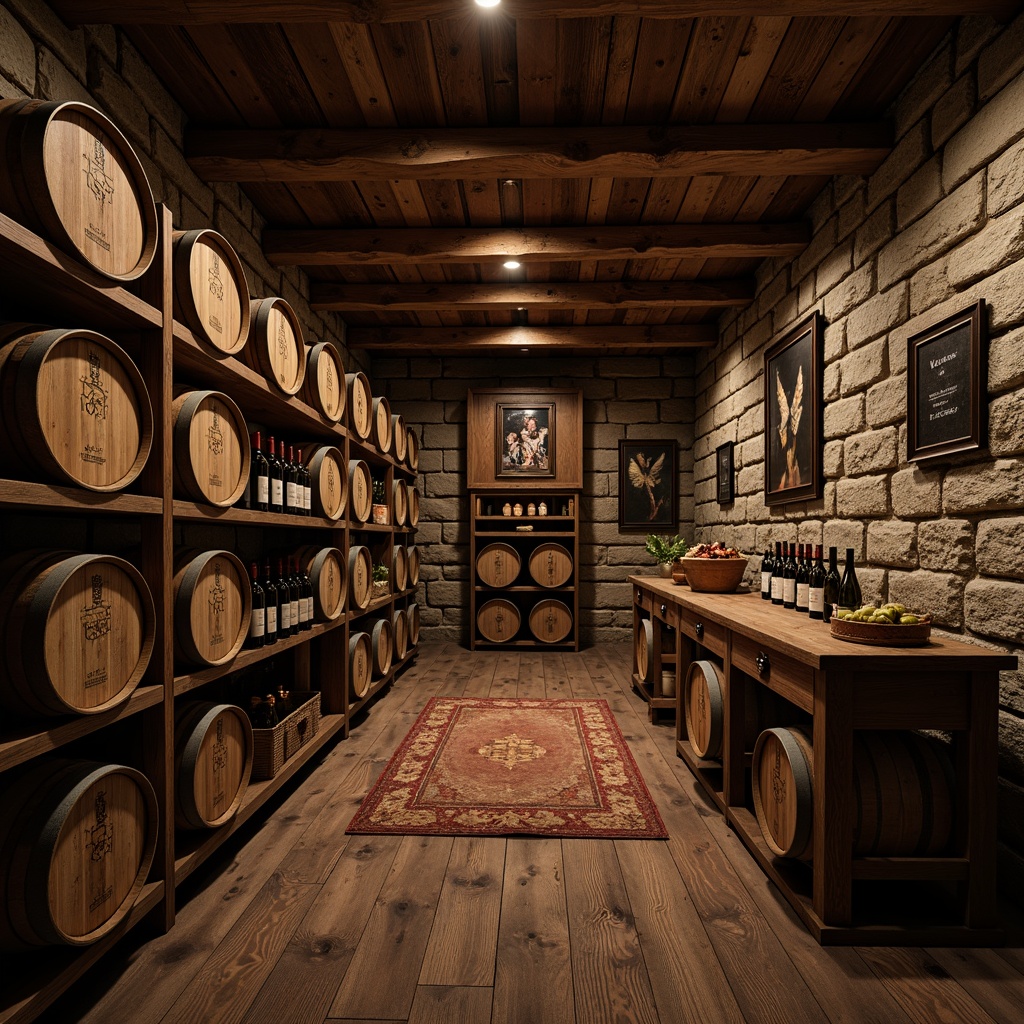 Prompt: Rustic wine cellar, dark wood tones, traditional style storage racks, wooden crates, vintage wine barrels, dim warm lighting, stone walls, earthy aroma, rich leather accents, ornate metalwork, classic label designs, dusty old bottles, worn wooden floors, intimate cozy atmosphere, soft golden lighting, 1/1 composition, realistic wood textures, ambient occlusion.