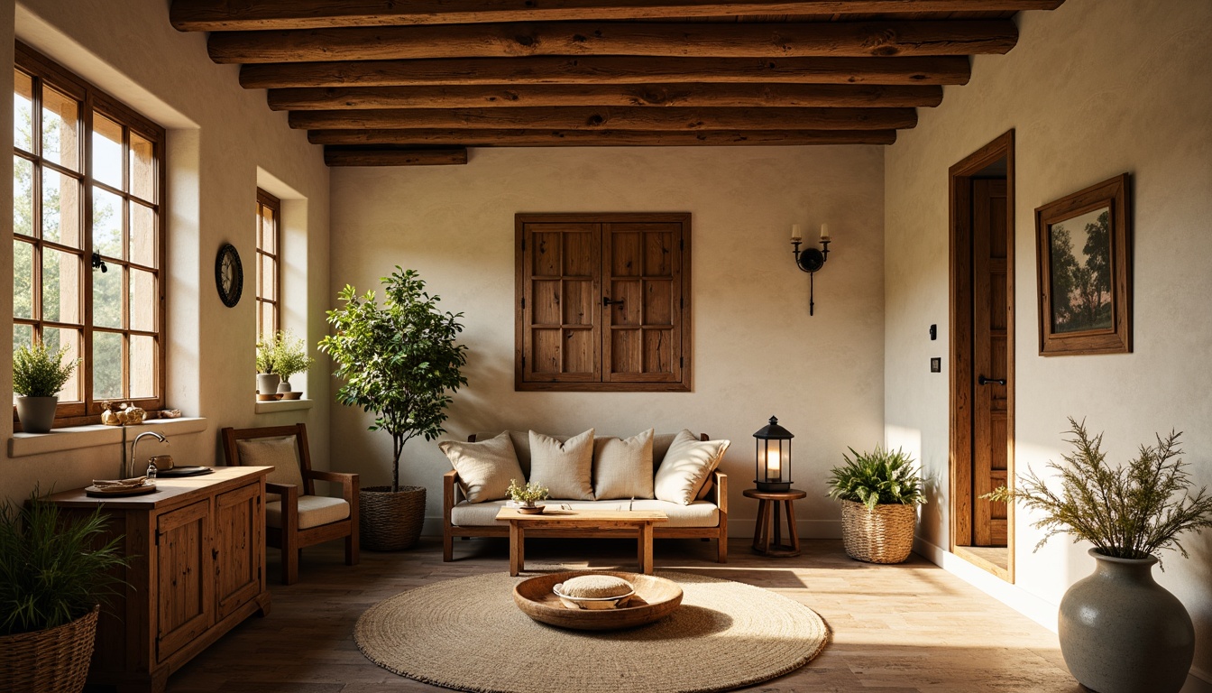 Prompt: Rustic farmhouse, vintage decor, earthy tones, warm beige walls, reclaimed wood accents, metal lanterns, cozy atmosphere, natural textiles, woven baskets, ceramic vases, fresh greenery, soft golden lighting, 1/1 composition, shallow depth of field, realistic textures, ambient occlusion.