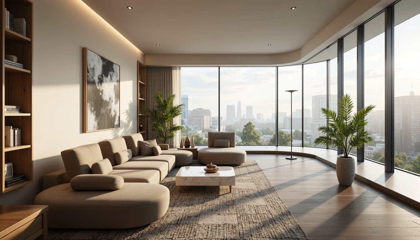 Prompt: Minimalist living room, curved lines, sleek low-profile furniture, polished chrome accents, floor-to-ceiling windows, natural light pouring in, airy atmosphere, soft cream-colored walls, dark hardwood floors, geometric-patterned rug, modern abstract art pieces, built-in shelving units, hidden LED lighting, cozy reading nooks, plush velvet sofas, marble coffee tables, lush greenery, urban cityscape views, cloudy white sky, warm afternoon sunlight, shallow depth of field, 1/1 composition, cinematic camera angles, soft focus blur, realistic textures.