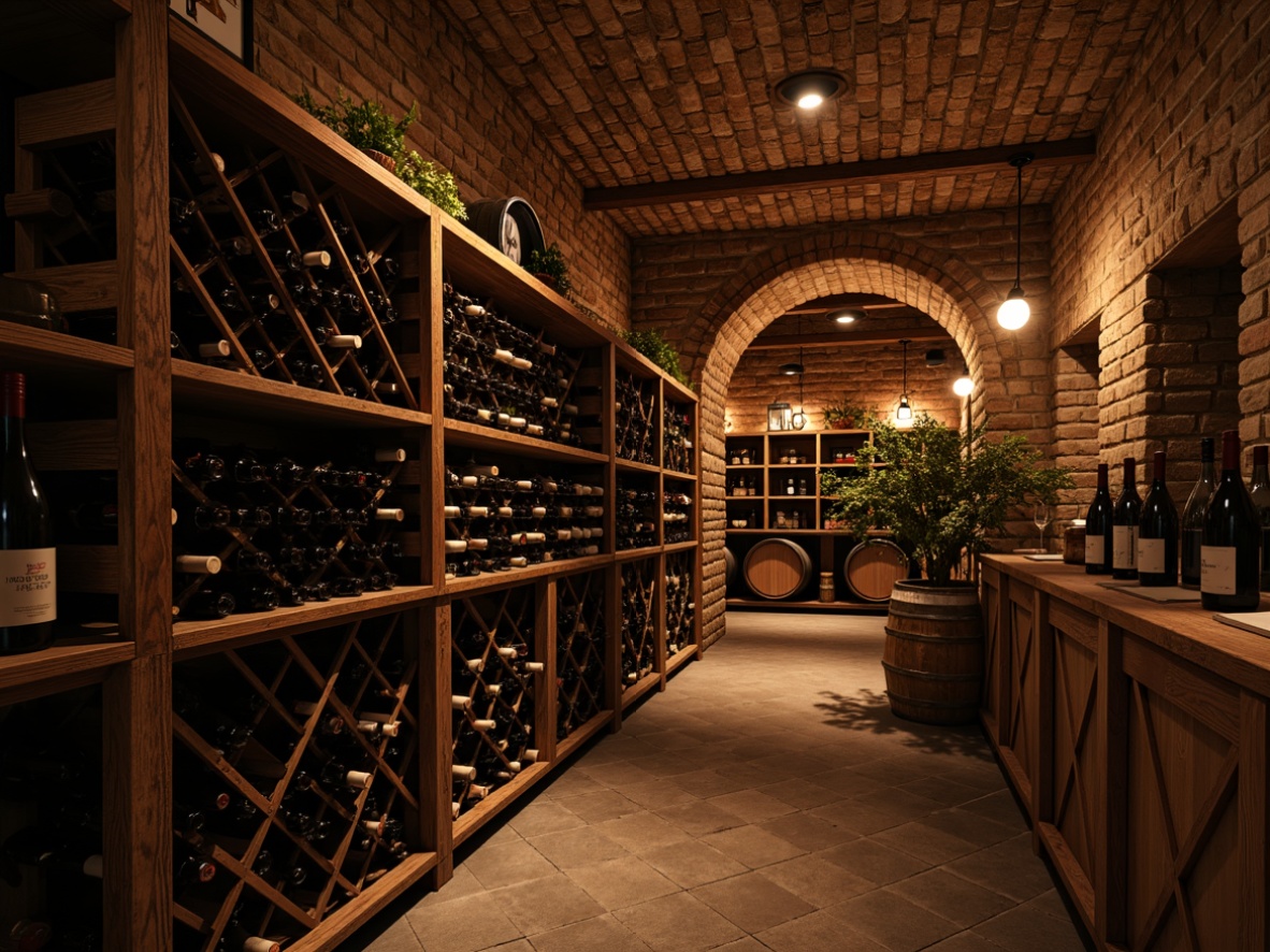 Prompt: Rustic wine cellar, traditional wooden storage racks, dark-stained oak wood, ornate metalwork, dim warm lighting, ambient shadows, rows of wine bottles, classic label designs, stone walls, brick arches, vaulted ceilings, aged wooden barrels, soft golden lighting, shallow depth of field, 1/2 composition, realistic textures, subtle ambient occlusion.