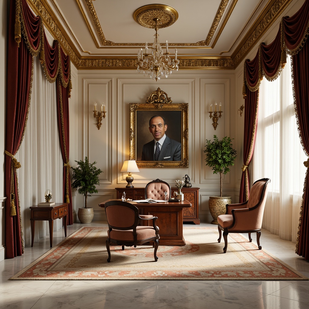 Prompt: Luxurious home office, ornate Rococo furniture, intricately carved wood accents, velvet upholstery, golden metal frames, crystal chandeliers, lavish curtains, rich brocade fabrics, soft cream-colored walls, elegant crown molding, refined marble floors, warm afternoon sunlight, subtle warm lighting, shallow depth of field, 1/1 composition, realistic textures, ambient occlusion.