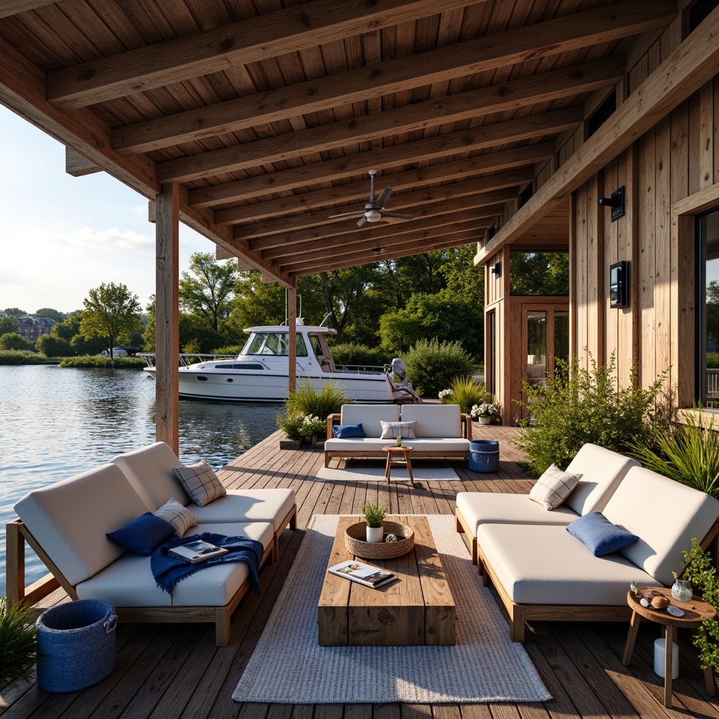 Prompt: Coastal boathouse, nautical theme, rustic wooden accents, distressed finishes, vintage marine hardware, comfortable lounging areas, plush cushions, natural fabrics, driftwood decor, rope details, navy blue and white color scheme, warm golden lighting, shallow water reflections, serene lake surroundings, lush greenery, tranquil atmosphere, 3/4 composition, soft focus, realistic textures.