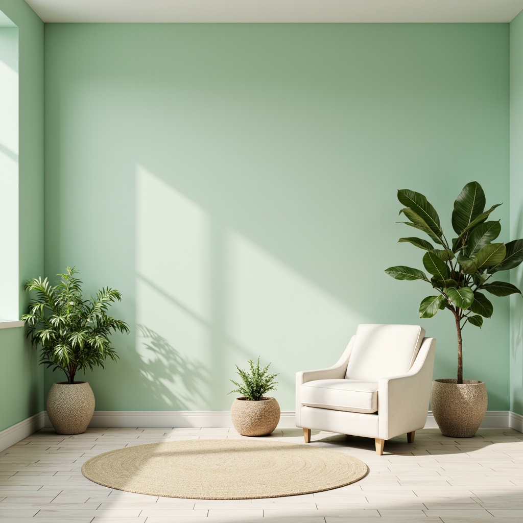 Prompt: Soft mint walls, calming ambiance, fresh greenery, natural light, airy open spaces, minimalist decor, sleek modern furniture, cream-colored accents, subtle texture variations, gentle curves, soft focus, shallow depth of field, 1/1 composition, warm white lighting, subtle shadows, delicate patterns, pale wood floors, refreshing atmosphere, serene mood, peaceful surroundings.