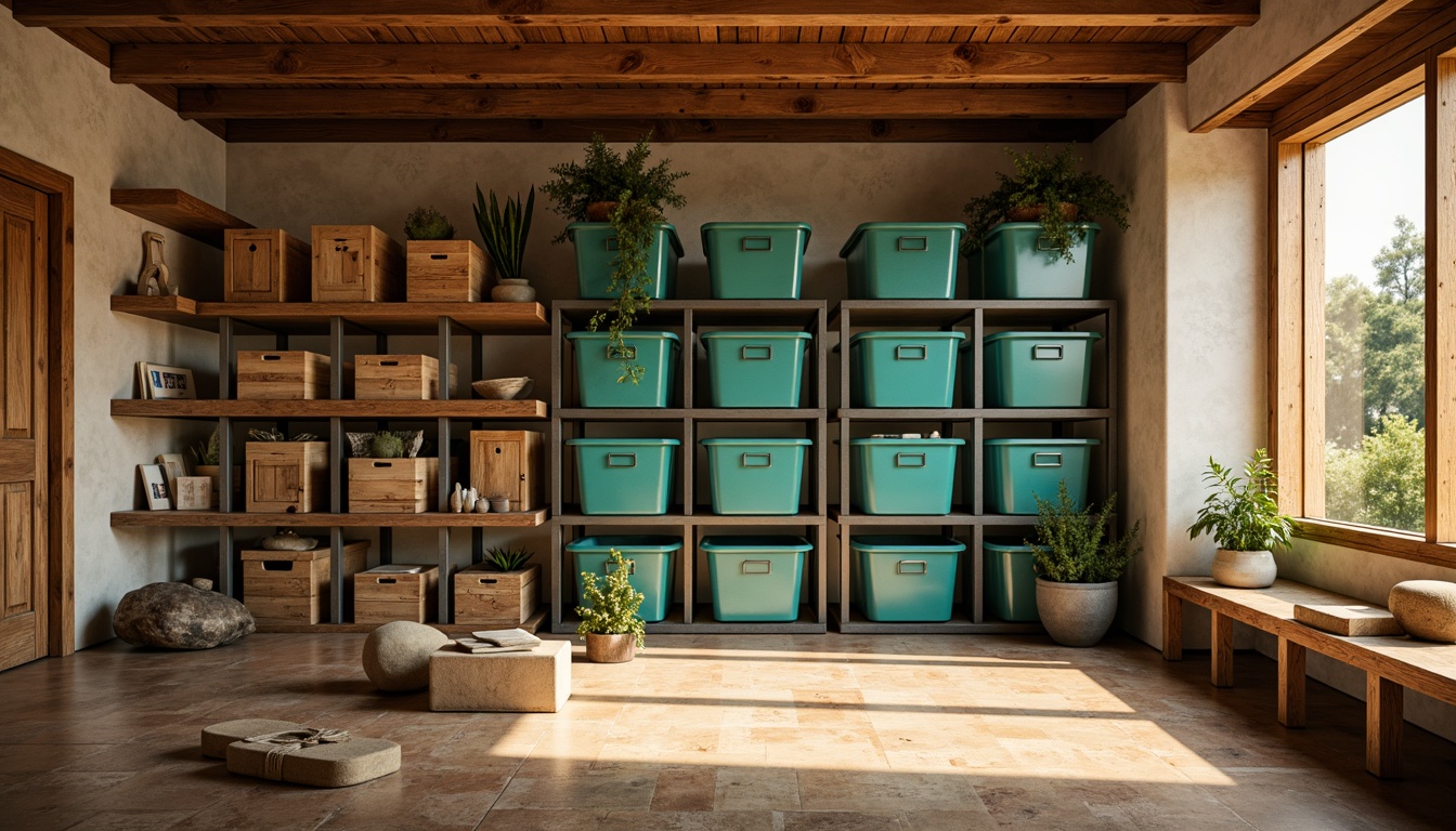 Prompt: Cozy storage room, warm beige walls, rich wood accents, soft cream shelves, industrial metal frames, vibrant turquoise bins, rustic wooden crates, natural stone flooring, earthy brown tones, warm golden lighting, shallow depth of field, 1/2 composition, realistic textures, ambient occlusion.