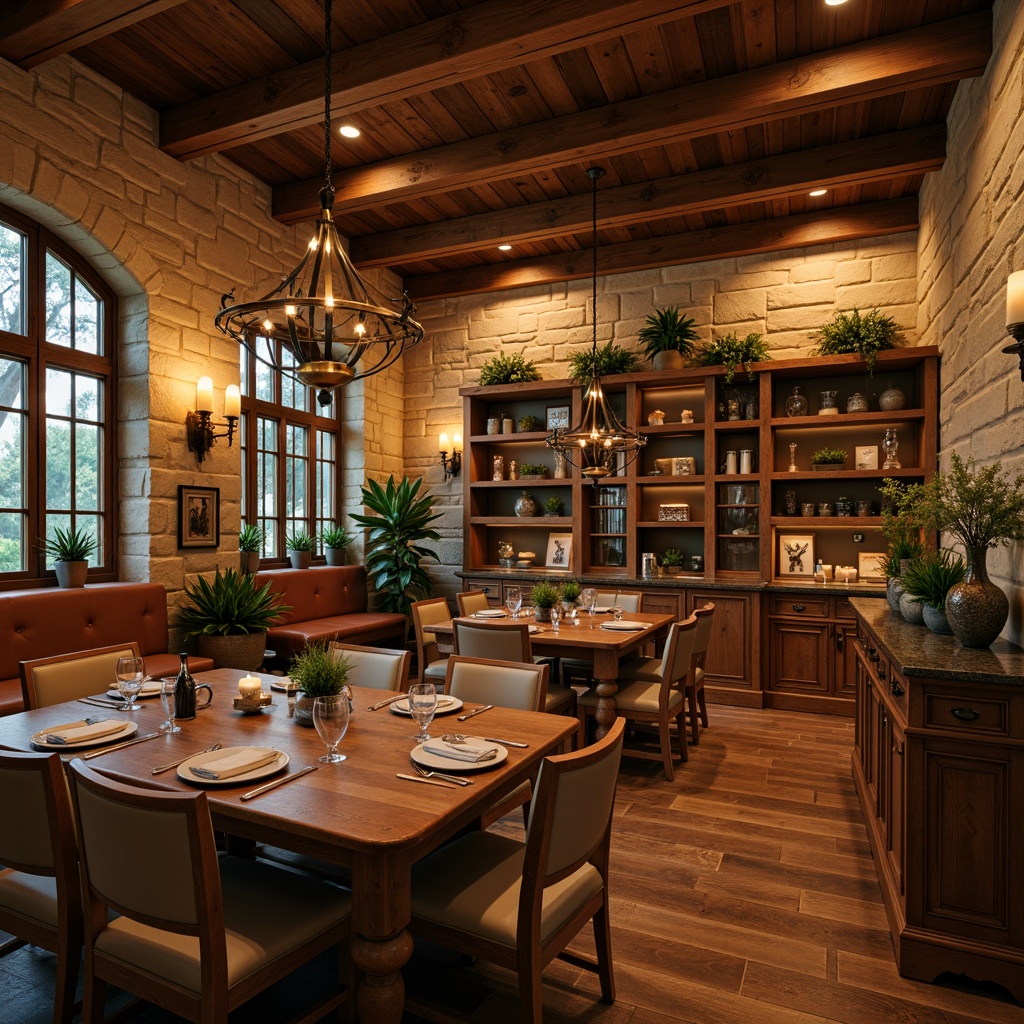 Prompt: Cozy Craftsman dining hall, warm wooden tones, rustic stone walls, exposed beam ceiling, pendant lighting fixtures, wrought iron chandeliers, bronze sconces, warm candlelight, soft ambient glow, natural textiles, vintage metalware, earthy color palette, traditional furniture pieces, ornate wooden cabinetry, lush greenery, botanical prints, warm beige tones, inviting atmosphere, shallow depth of field, 3/4 composition, realistic textures.