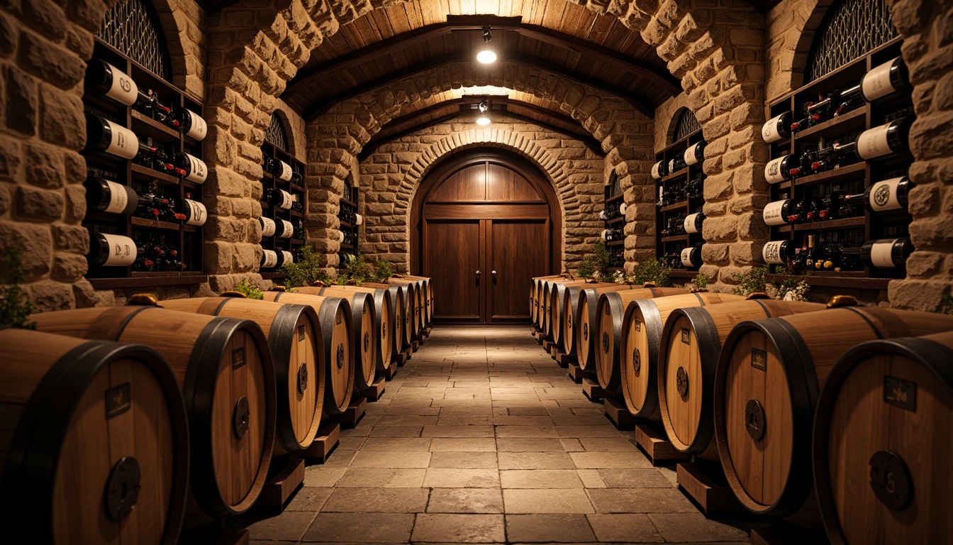 Prompt: Rustic wine cellar, stone walls, wooden barrels, dim warm lighting, rich wood tones, earthy aroma, vintage wine bottles, ornate metal racks, brick archways, traditional craftsmanship, distressed finishes, ambient shadows, shallow depth of field, 1/1 composition, realistic textures, subtle color grading.