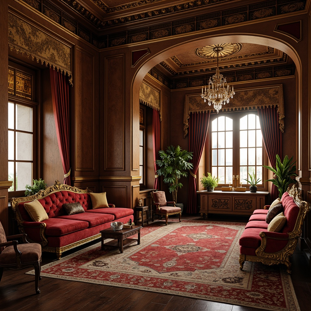 Prompt: Ornate Renaissance-style furniture, rich velvet upholstery, intricately carved wooden frames, gilded accents, luxurious silk fabrics, ornamental metalwork, curved lines, opulent furnishings, grandiose chandeliers, lavish drapery, classical motifs, warm earthy tones, soft golden lighting, 1/1 composition, intimate space, realistic textures, ambient occlusion.