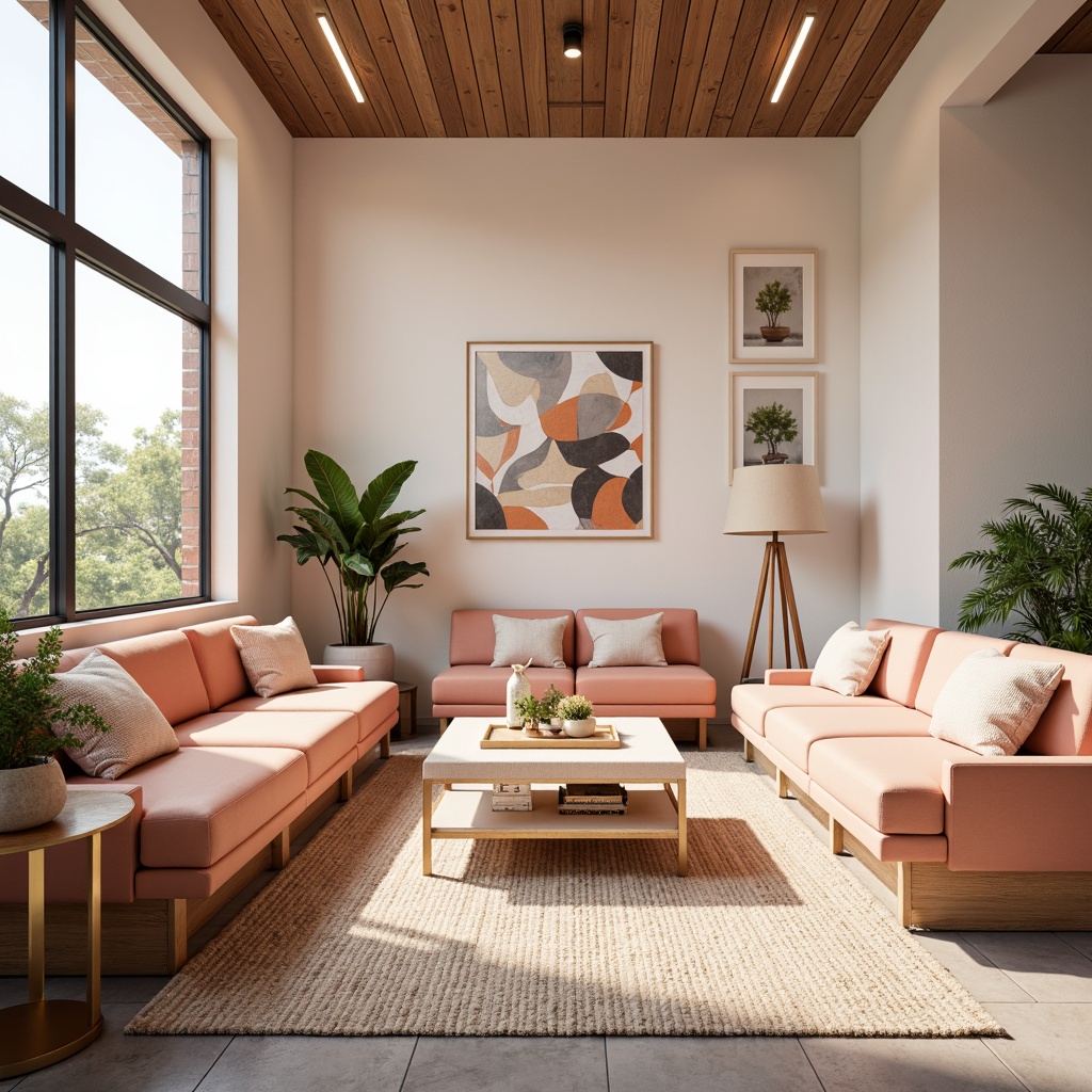 Prompt: Vibrant modern interior, trendy furniture, pastel color scheme, soft peach tones, creamy whites, rich wood accents, metallic gold hardware, natural textiles, geometric patterns, abstract artwork, large windows, abundant natural light, shallow depth of field, 1/1 composition, warm and inviting atmosphere, realistic materials, ambient occlusion.