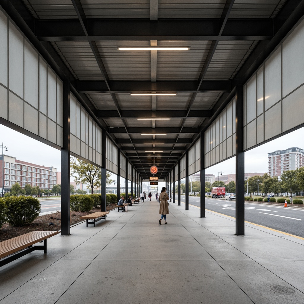 Prompt: Industrial bus station, functional design, exposed concrete walls, steel beams, minimalist aesthetic, rectangular shapes, clean lines, primary color scheme, bold typography, metal benches, industrial lighting fixtures, polished concrete floors, raw wood accents, geometric patterns, urban landscape, modern cityscape, overcast sky, soft diffused light, 1/2 composition, symmetrical framing, high-contrast textures, ambient occlusion.