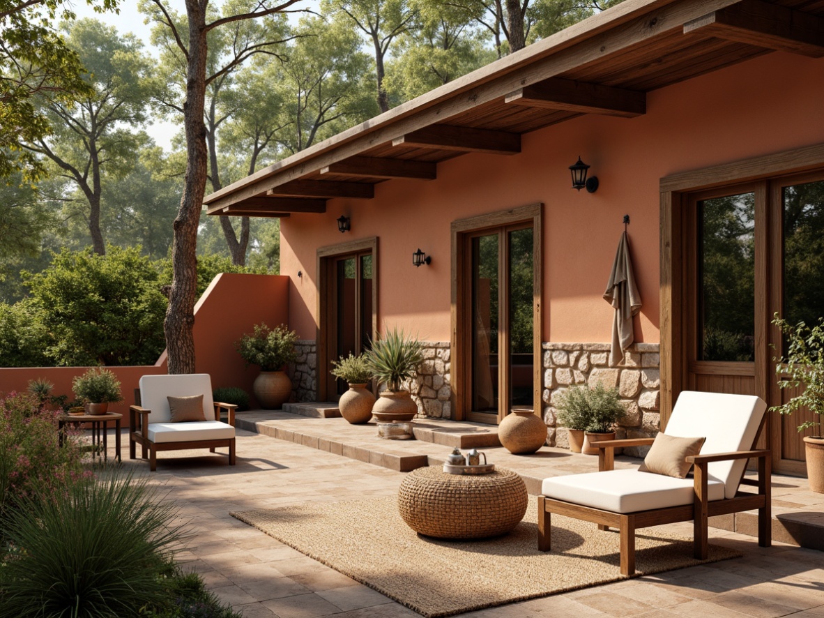 Prompt: Earthy cabin, ochre walls, wooden accents, natural stone foundations, lush greenery, forest surroundings, warm sunny day, soft diffused lighting, rustic metal decor, vintage outdoor furniture, woven textiles, natural fabrics, earthy ceramics, terracotta pots, wildflower arrangements, 1/1 composition, shallow depth of field, realistic textures, ambient occlusion.