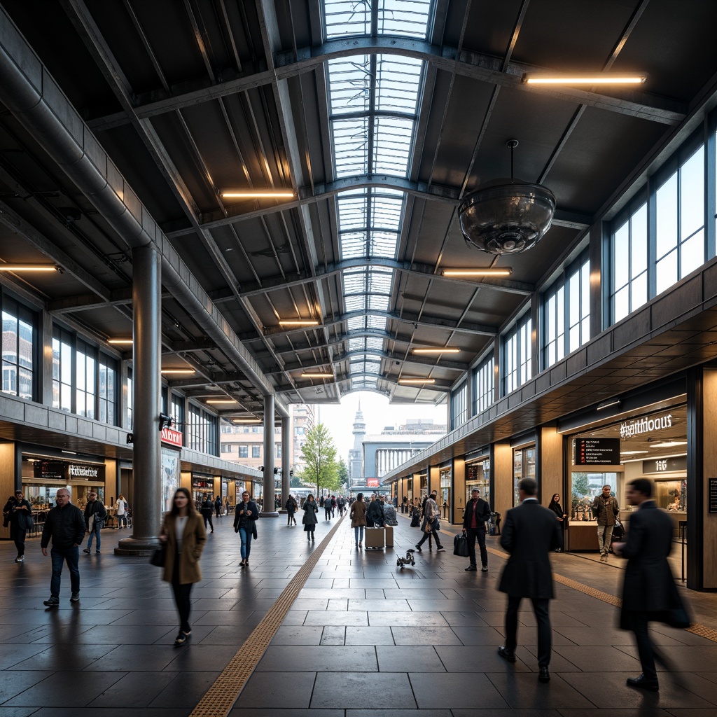 Prompt: Modern train station, sleek metal beams, polished concrete floors, urban cityscape, bustling crowds, dynamic lighting fixtures, futuristic LED lamps, geometric shapes, minimalist designs, suspended ceiling installations, warm color temperatures, soft ambient glow, industrial-chic aesthetic, exposed ductwork, large glass windows, natural light pouring in, shallow depth of field, 1/2 composition, realistic textures, ambient occlusion.