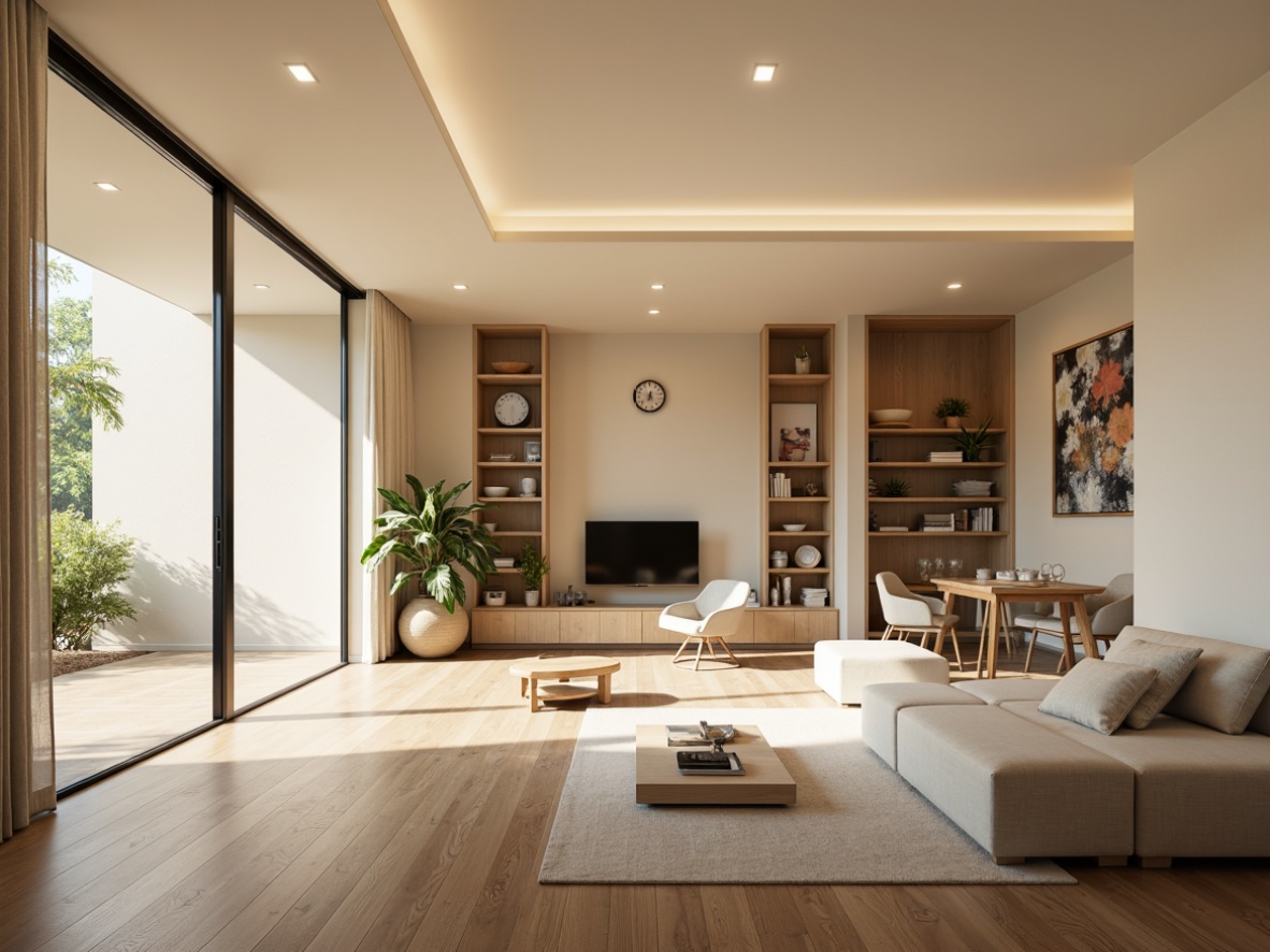 Prompt: Minimalist living room, sleek wooden floor, cream-colored walls, modern furniture, curved lines, ergonomic design, ample natural light, floor-to-ceiling windows, sliding glass doors, comfortable seating area, cozy reading nook, functional workspace, built-in shelving units, hidden storage compartments, ambient warm lighting, soft beige tones, 1/1 composition, shallow depth of field, realistic textures.