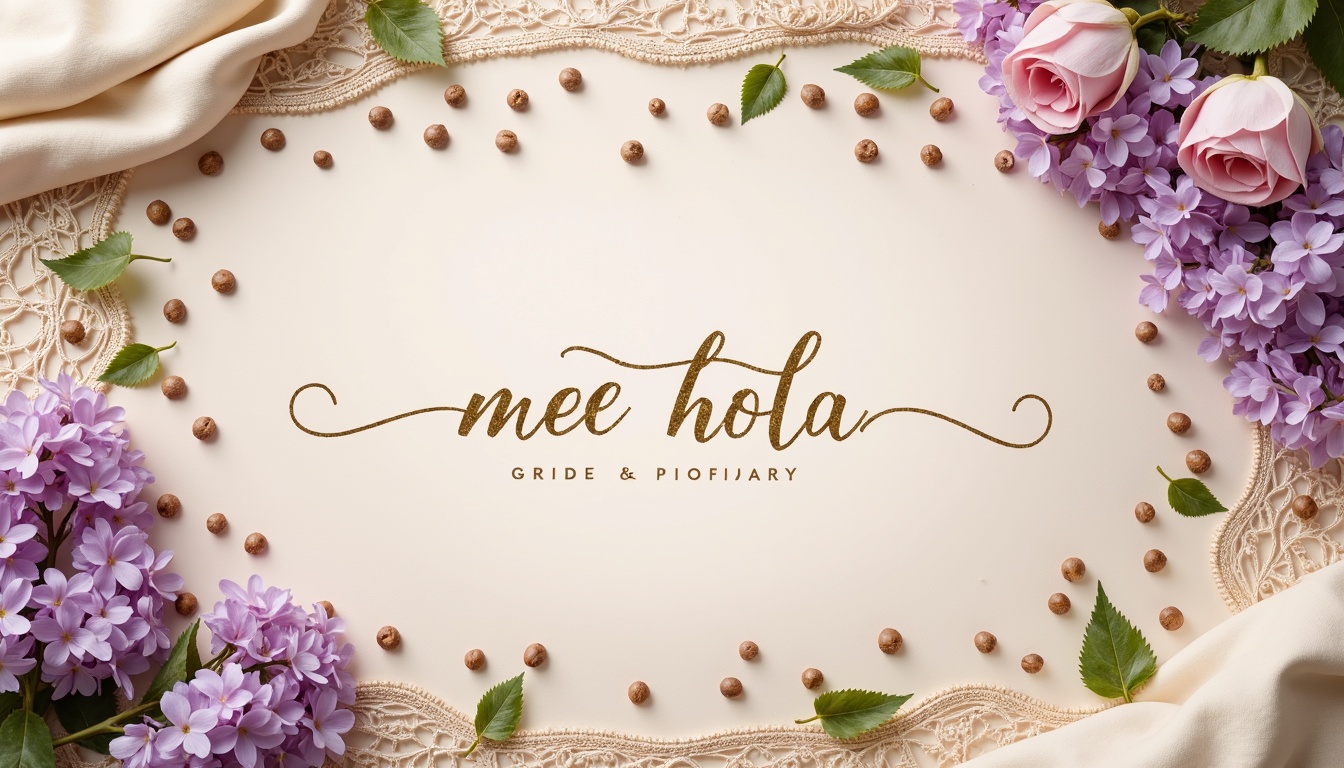 Prompt: Soft lilac hues, warm beige background, creamy whites, rich wood tones, luxurious velvet fabrics, ornate golden accents, delicate lace patterns, whimsical florals, elegant script typography, subtle gradient effects, shallow depth of field, 2/3 composition, warm softbox lighting, realistic textures, ambient occlusion.