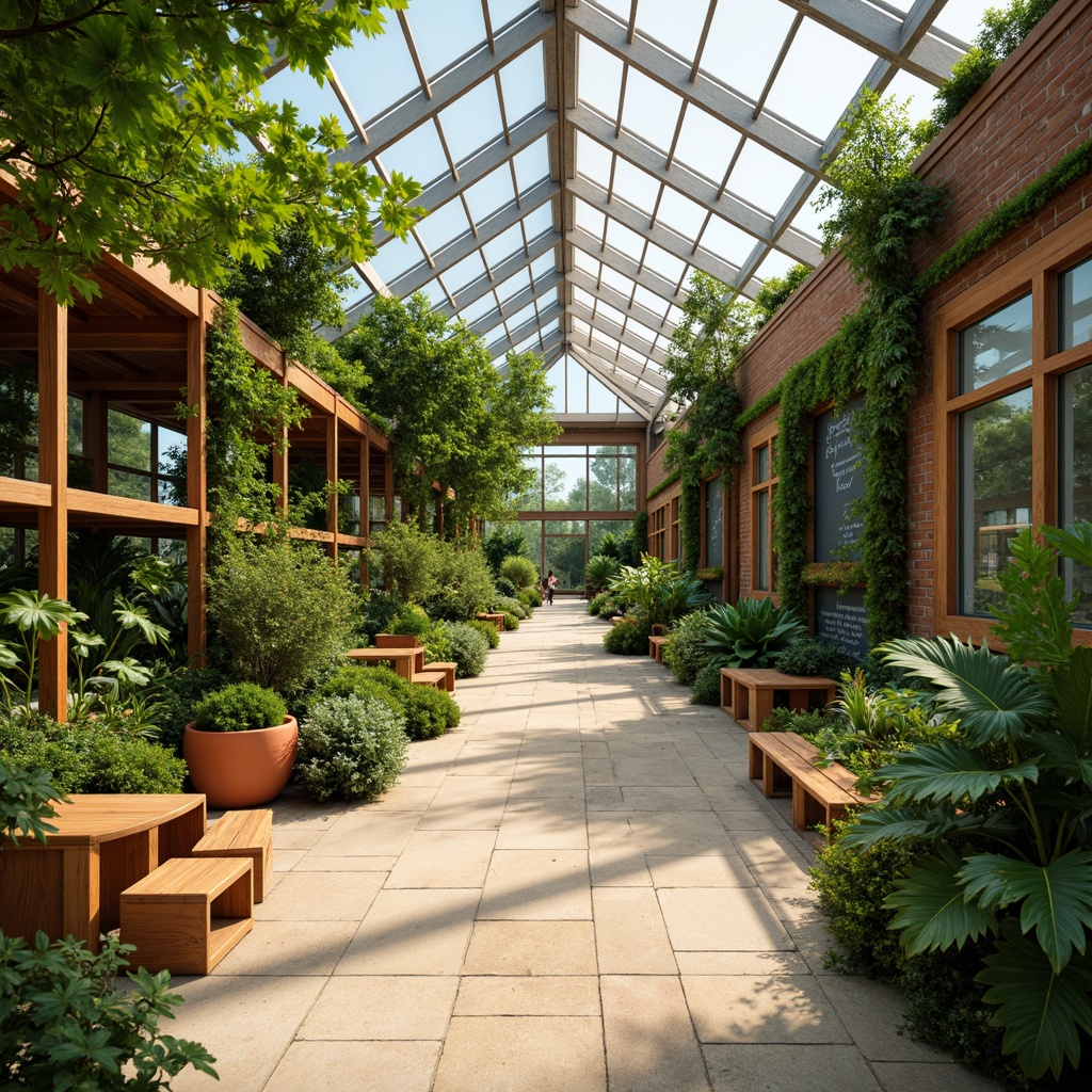 Prompt: Vibrant botanical greenhouse, lush greenery, natural light, reclaimed wood accents, earthy tone terracotta pots, soft moss walls, warm beige stone flooring, industrial metal frames, educational blackboards, modern minimalist furniture, cozy reading nooks, calming atmosphere, soft warm lighting, shallow depth of field, 3/4 composition, realistic textures, ambient occlusion.