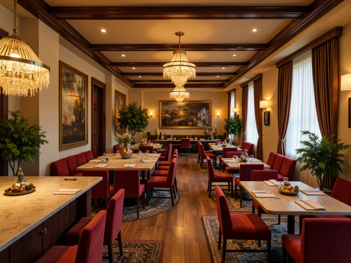 Prompt: Cozy dining room, warm beige walls, rich wood furniture, soft golden lighting, comfortable velvet upholstery, elegant crystal chandeliers, sophisticated marble countertops, earthy brown floors, vibrant greenery, natural textiles, organic shapes, intimate atmosphere, warm color scheme, inviting ambiance, circular tables, plush area rugs, statement artwork, dramatic ceiling heights.