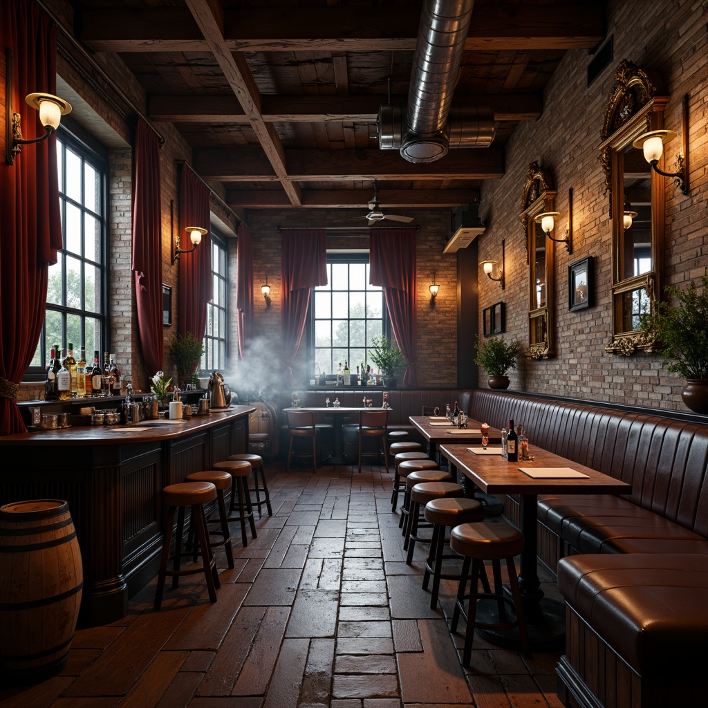 Prompt: Dark wood tones, rich leather upholstery, classic pub atmosphere, ornate metal fixtures, vintage beer barrels, rustic wooden crates, dim warm lighting, atmospheric smoke effects, wooden beam ceiling, decorative trusses, intricate carvings, luxurious velvet drapes, antique furniture pieces, distressed stone walls, ornate mirrors, bronze accents, soft warm glow, shallow depth of field, 1/2 composition, realistic textures, ambient occlusion.