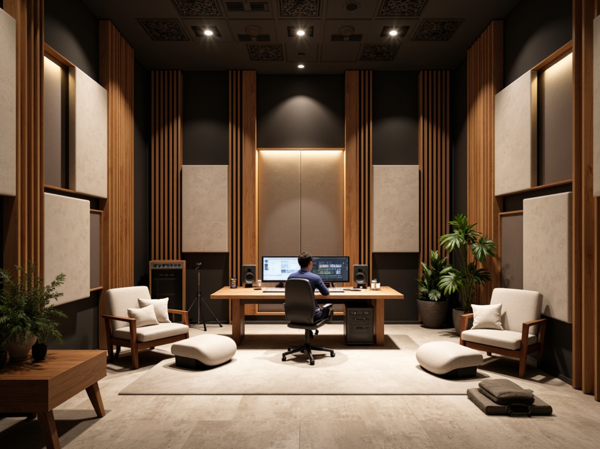 Prompt: Modern recording studio, soundproofing materials, acoustic panels, wooden diffusers, fabric-wrapped absorbers, professional audio equipment, mixing consoles, microphones, headphones, ergonomic seating, dimmable LED lighting, concrete floors, minimalist decor, natural textiles, neutral color palette, calm atmosphere, soft warm glow, shallow depth of field, 1/1 composition, realistic textures, ambient occlusion.